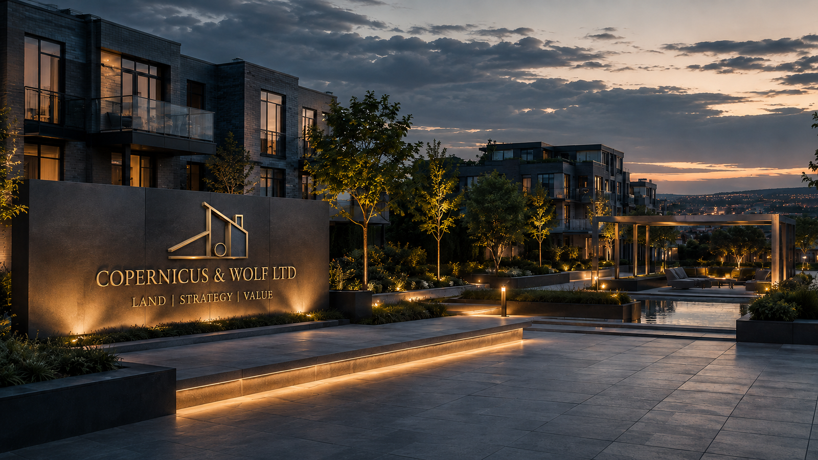 Aerial view of a UK property development at dusk