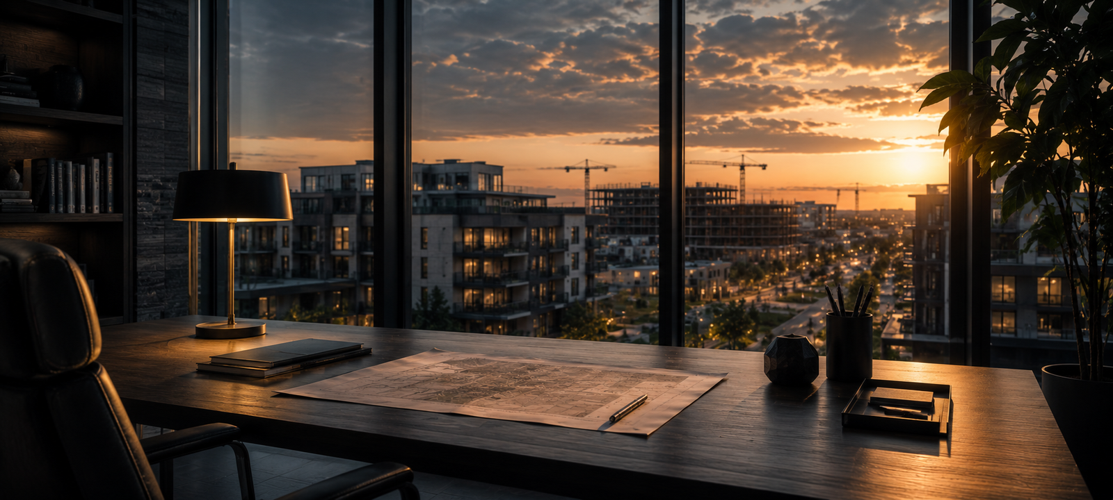 Aerial view of a UK property development at dusk