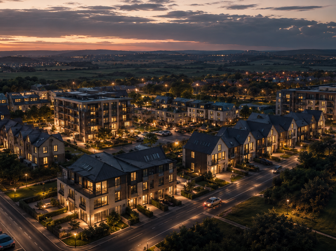 Aerial view of a residential development at dusk